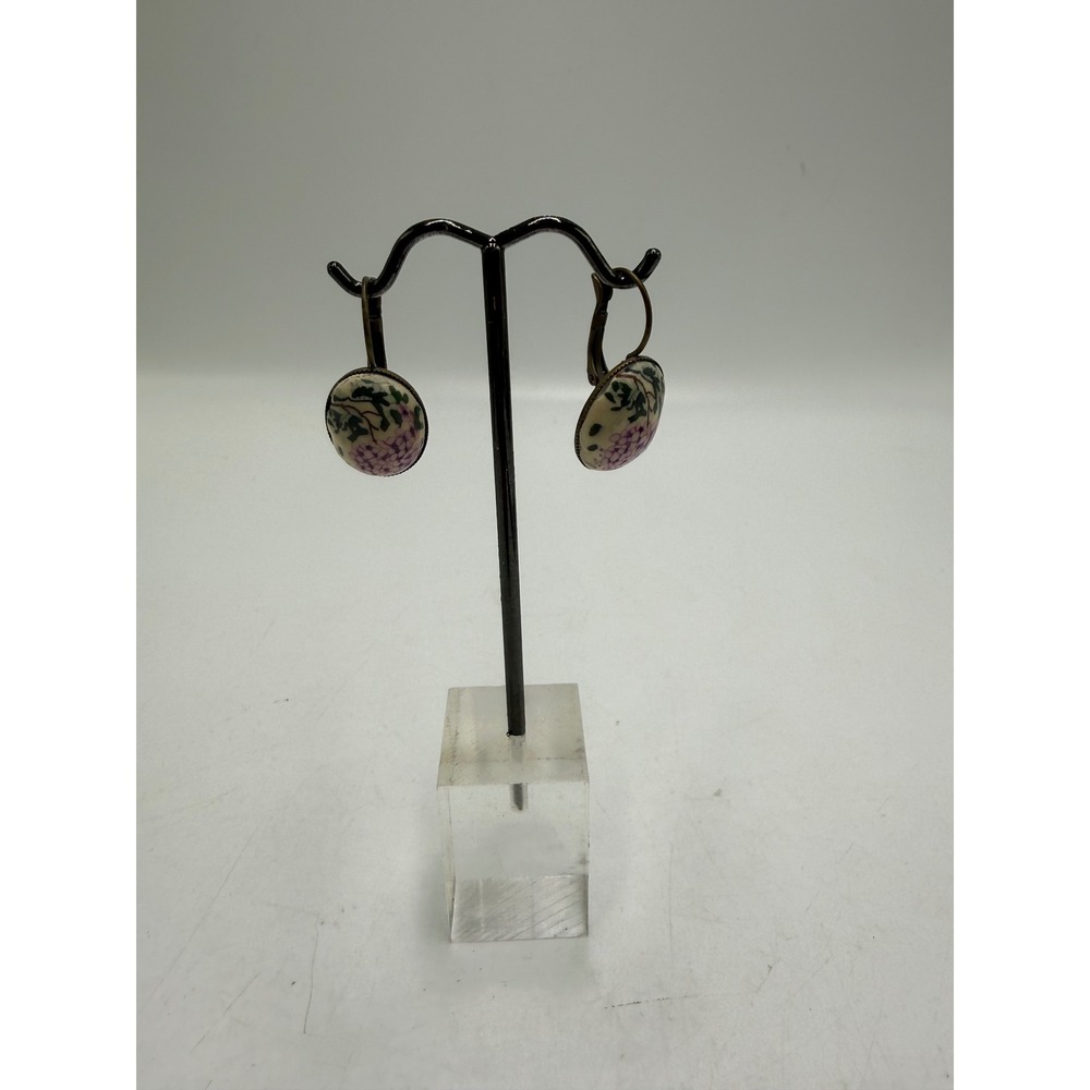 Vintage Floral Porcelain Oval Drop Earrings Antique Bronze Tone Leverback